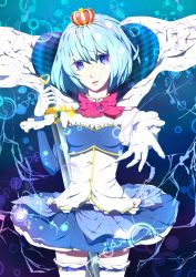 Rule 34 | 10s, 1girl, absurdres, bad id, bad pixiv id, blue eyes, blue hair, bubble, cape, crown, gloves, highres, magical girl, mahou shoujo madoka magica, mahou shoujo madoka magica (anime), matching hair/eyes, miki sayaka, nanae0207, oktavia von seckendorff, outstretched hand, pleated skirt, ribbon, short hair, skirt, solo, spoilers, sword, thighhighs, underwater, weapon, white thighhighs