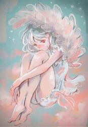 Rule 34 | 1girl, bare legs, barefoot, blush, corrupted twitter file, covering own mouth, feathers, fetal position, frills, full body, grey hair, highres, holding legs, knees up, long hair, mayuringo 14, original, red eyes, solo