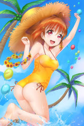 Rule 34 | 1girl, :d, ahoge, arm up, ass, balloon, blue sky, blush, bow, braid, breasts, brown hair, casual one-piece swimsuit, cleavage, collarbone, crazypen, hair between eyes, hair bow, hair ribbon, hat, highres, leg up, looking at viewer, love live!, love live! school idol festival, love live! sunshine!!, medium breasts, one-piece swimsuit, open mouth, palm tree, print swimsuit, red eyes, red ribbon, ribbon, shiny skin, short hair, side braid, single braid, sky, smile, solo, standing, standing on one leg, straw hat, summer, sun hat, swimsuit, takami chika, tree, wedgie, yellow bow, yellow hat, yellow one-piece swimsuit