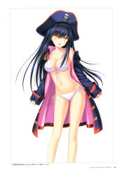 Rule 34 | 1girl, absurdres, bare shoulders, bikini, black hair, breasts, cleavage, coat, collarbone, copyright name, dated, front-tie bikini top, front-tie top, hair ornament, hairband, hat, highres, kushima kamome, long hair, long sleeves, looking at viewer, medium breasts, na-ga, navel, off shoulder, official art, open mouth, page number, pirate hat, scan, shiny skin, side-tie bikini bottom, simple background, skull and crossbones, sleeves past wrists, smile, solo, stomach, summer pockets, swimsuit, white bikini, yellow eyes