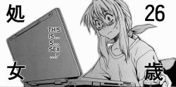 Rule 34 | 1girl, blush, casual, comic, computer, flat chest, glasses, greyscale, hair ribbon, hard-translated, laptop, long hair, monochrome, mouse (computer), oono kei, ponytail, ribbon, shirt, solo, surprised, sweatdrop, t-shirt, take on me, takemura sessyu, third-party edit, translated