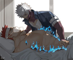 Rule 34 | 2boys, abs, asphyxiation, bandages, bare pectorals, bed, blue fire, boku no hero academia, burning, burning clothes, dabi (boku no hero academia), endeavor (boku no hero academia), evil smile, facial hair, fire, gomtang, hospital bed, large pectorals, male focus, mature male, multiple boys, muscular, muscular male, nipples, pectorals, red hair, scar, scar across eye, scar on face, short hair, sideburns, smile, spiked hair, strangling, stubble, tears, toned, toned male, white hair, window