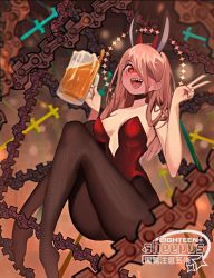 Rule 34 | 1girl, animal ears, bare shoulders, beer mug, black pantyhose, blush, breasts, breasts apart, brown hair, chainsaw man, cross-shaped pupils, crosshair pupils, cup, demon horns, full body, hair over one eye, highres, holding, holding cup, horns, knees up, large breasts, leotard, long hair, looking at viewer, medium breasts, mug, open mouth, pantyhose, photoshop (medium), power (chainsaw man), rabbit ears, red eyes, red horns, red leotard, sharp teeth, sheepus, solo, strapless, strapless leotard, symbol-shaped pupils, teeth, v