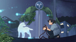 Rule 34 | 1boy, animal, animal collar, black hair, blue jacket, blue pants, closed mouth, collar, daimonji, dog, highres, hitodama, house, intersection, jacket, kojiro337, leash, looking at animal, mountain, night, night sky, on one knee, original, outdoors, pants, plant, power lines, red collar, sandals, short hair, sky, solo, spirit, star (sky), utility pole