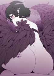 Rule 34 | 1girl, ass, bare shoulders, black choker, black feathers, black harpy, blush, bottomless, breasts, choker, elakan, feathered wings, feathers, from behind, girl on top, looking at viewer, looking back, monster girl encyclopedia, pointy ears, red eyes, short hair, solo focus, winged arms, wings