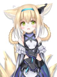 Rule 34 | 1girl, :d, animal ear fluff, animal ears, arknights, bare shoulders, black gloves, blonde hair, blouse, blue hairband, blush, braid, braided hair rings, breasts, cloak, covered collarbone, flying sweatdrops, fox ears, fox girl, fox tail, gloves, green eyes, hair between eyes, hair rings, hairband, highres, infection monitor (arknights), kitsune, langley1000, long hair, looking at viewer, material growth, open mouth, oripathy lesion (arknights), purple shirt, purple skirt, shirt, simple background, skirt, sleeveless, sleeveless shirt, small breasts, smile, solo, suzuran (arknights), tail, twin braids, white background, white cloak, white shirt