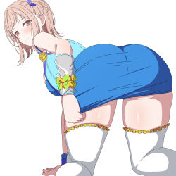 Rule 34 | 1girl, all fours, arimon (dfrgty12), ass, bare shoulders, blue skirt, brown eyes, brown hair, commentary request, highres, idolmaster, idolmaster shiny colors, looking at viewer, looking back, sakuragi mano, skindentation, skirt, solo, thighhighs, thighs, white background, white thighhighs, zettai ryouiki