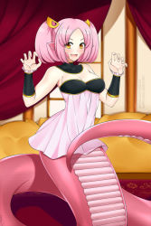 Rule 34 | 1girl, :d, bare shoulders, bracer, claw pose, commentary, commission, detached collar, dress, english commentary, fangs, hair ornament, hairclip, lamia, lindaroze, looking at viewer, maru (monster musume), monster girl, monster musume no iru nichijou, open mouth, parted bangs, pink dress, pink hair, pointy ears, scales, slit pupils, smile, solo, tail, twintails, yellow eyes