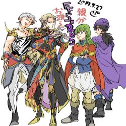 Rule 34 | 1girl, 3boys, black hair, blonde hair, boots, bartz klauser, bykillt, cape, company connection, crossed arms, crossover, dragon quest, dragon quest v, earrings, faris scherwiz, final fantasy, final fantasy v, green hair, grin, henry (dq5), hero (dq5), jewelry, multiple boys, ponytail, simple background, smile, spikes, standing, turban, white hair