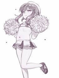 Rule 34 | 1girl, ahoge, alternate costume, bare arms, bikini, bikini under clothes, blush, cheerleader, closed mouth, commentary request, flat chest, greyscale, hair ornament, hairclip, hat, heart, highres, kantai collection, leg up, long hair, looking at viewer, mai (maika 04), micro bikini, monochrome, navel, pom pom (cheerleading), sailor hat, shoes, sidelocks, simple background, skirt, smile, smug, sneakers, solo, stomach, string bikini, striped, swimsuit, swimsuit under clothes, tsushima (kancolle)