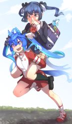 Rule 34 | 2girls, absurdres, ahoge, animal ears, bag, black jacket, blazer, blue eyes, blue hair, bow, bowtie, brown skirt, carrying, covering own mouth, dual persona, gym uniform, hand over own mouth, heterochromia, highres, horse ears, horse girl, horse tail, humanization, jacket, long hair, messy hair, multicolored clothes, multicolored jacket, multiple girls, nail polish, piggyback, pleated skirt, purple eyes, red bow, red bowtie, red shorts, school bag, school uniform, sharp teeth, shoes, shorts, sidelocks, skirt, sneakers, tail, teeth, thin (suzuneya), tracen training uniform, twin turbo (umamusume), twintails, two-tone jacket, umamusume