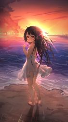 Rule 34 | 1girl, absurdres, ahoge, barefoot, beach, brown eyes, brown hair, cloud, dress, dusk, expressionless, feet, from behind, full body, highres, kneepits, koebushi (mat), legs, long hair, looking back, ocean, original, outdoors, see-through silhouette, sky, soles, solo, sun, sundress, sunset, thighs, toes, white dress, wind, wind lift