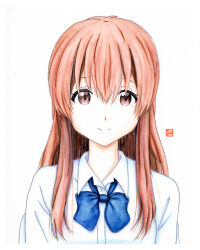 Rule 34 | 1girl, blue bow, bow, brown eyes, brown hair, closed mouth, collared shirt, commentary request, dress shirt, grey background, koe no katachi, long hair, looking at viewer, nishimiya shouko, painting (medium), shirt, simple background, smile, solo, traditional media, upper body, watercolor (medium), white shirt, y takeshinu wan