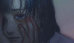 Rule 34 | 1girl, black hair, close-up, commentary request, covering one eye, crying, crying with eyes open, dark, diao (sen zoku), hands on own cheeks, hands on own face, highres, lips, looking at viewer, muted color, original, portrait, sad, solo, tears