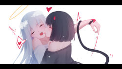 Rule 34 | 2girls, bare shoulders, black hair, black shirt, blush, commentary, demon horns, demon tail, hair ornament, halo, highres, horns, letterboxed, licking, licking another&#039;s face, long hair, medium hair, multiple girls, original, red horns, restrained, shimmer, shirt, simple background, tail, teeth, tongue, tongue out, upper teeth only, white background, white hair, yuri