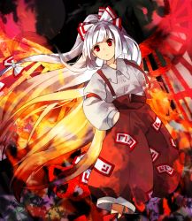 Rule 34 | 1girl, blunt bangs, boots, bow, closed mouth, collared shirt, commentary request, dutch angle, expressionless, eyebrows hidden by hair, feet out of frame, fire, flat chest, floating hair, fujiwara no mokou, hair bow, hands in pockets, highres, juliet sleeves, kaigen 1025, leaf, long hair, long sleeves, looking ahead, maple leaf, ofuda, ofuda on clothes, pants, puffy sleeves, red bow, red eyes, red footwear, red pants, shirt, solo, standing, suspenders, touhou, two-tone bow, very long hair, white bow, white hair, white shirt