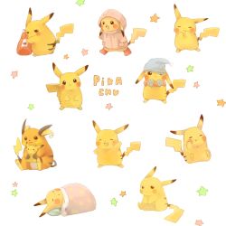 Rule 34 | blanket, character name, creatures (company), english text, closed eyes, game freak, gen 1 pokemon, hat, highres, ketchup bottle, lying, mittens, multiple persona, nintendo, no humans, omelette (chako3), open mouth, pikachu, pillow, pokemon, pokemon (creature), raichu, raincoat, scarf, simple background, sitting, smile, star (symbol), waving, white background