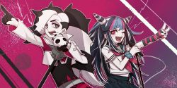 Rule 34 | 1boy, 1girl, belt, black hair, black nails, black skirt, blue hair, blush, commentary, creatures (company), cropped jacket, crossover, danganronpa (series), danganronpa 2: goodbye despair, ear piercing, eyeshadow, fang, game freak, goth fashion, green eyes, gym leader, hair horns, highres, holding, holding microphone, jacket, jewelry, long hair, looking at viewer, makeup, microphone, microphone stand, mioda ibuki, multicolored hair, nail polish, necklace, nintendo, one eye closed, open mouth, piercing, piers (pokemon), pink background, pink eyes, pink hair, pleated skirt, pointing, pointing up, pokemon, pokemon swsh, raonal97, school uniform, serafuku, short sleeves, skirt, skull, smile, symbol-only commentary, tongue, tongue out, trait connection, two-tone hair, v, white hair, white jacket
