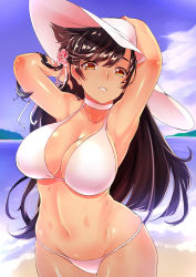 Rule 34 | 1girl, alternate costume, armpits, arms behind head, arms up, atago (azur lane), azur lane, bad id, bad pixiv id, beach, between legs, bikini, black hair, blue sky, blurry, blurry background, blush, breasts, brown eyes, chiha (abo ecm mk25), cleavage, cloud, curvy, day, groin, hair ornament, hair ribbon, half-closed eyes, hand between legs, hat, highres, large breasts, long hair, looking at viewer, mole, mole under eye, navel, ocean, parted lips, ponytail, ribbon, ripples, sand, sky, smile, solo, stomach, sun hat, swept bangs, swimsuit, tareme, thighs, very long hair, water, white bikini, white hat, wide hips, wristband