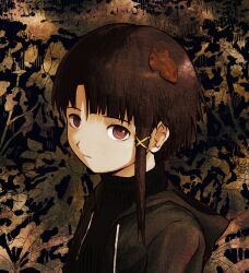 Rule 34 | 1girl, arms at sides, autumn, autumn leaves, black hoodie, black sweater, brown eyes, brown hair, drawstring, expressionless, from side, hair ornament, highres, hood, hood down, hooded jacket, hoodie, iwakura lain, jacket, leaf, leaf background, leaf on head, looking at viewer, open clothes, open hoodie, open jacket, parted bangs, parted lips, ribbed sweater, sano (sano45726280), serial experiments lain, shaded face, single sidelock, solo, sweater, turtleneck, turtleneck sweater, upper body, x hair ornament