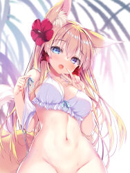 Rule 34 | 1girl, animal ear fluff, animal ears, bare arms, bare shoulders, bikini, unworn bikini bottom, blonde hair, blue eyes, blush, bottomless, breasts, cleavage, collarbone, commentary request, flower, fox ears, fox girl, fox tail, frilled bikini, frills, groin, hair between eyes, hair flower, hair ornament, heterochromia, highres, long hair, looking at viewer, medium breasts, navel, open mouth, original, out-of-frame censoring, purple eyes, red flower, solo, swimsuit, tail, tateha (marvelous grace), v over mouth, very long hair, white bikini