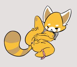 Rule 34 | 10s, 1girl, aggressive retsuko, animal ears, anus, black eyes, bottomless, cleft of venus, clothes lift, female focus, female masturbation, fingering, full body, furry, furry female, grey background, grey shirt, half-closed eye, lifting own clothes, lying, masturbation, mouth hold, on back, one eye closed, panda ears, panties, panties around leg, pink panties, pussy, pussy juice, retsuko, shirt, shirt lift, short sleeves, simple background, solo, spread legs, tail, uncensored, underwear, vono (voon)