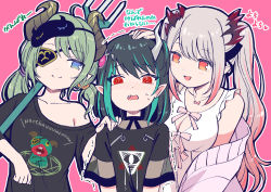 Rule 34 | 3girls, black dress, black hair, black shirt, blue eyes, blue hair, blush, bone necklace, bow, breasts, brown horns, cleavage, closed mouth, commentary request, demon girl, demon horns, dress, eye hair ornament, eye of providence, eyepatch, fang, flat chest, green hair, grey hair, hand on another&#039;s shoulder, highres, honey strap, horns, kamekoya sato, large breasts, looking at another, mask, mask on head, medium hair, multicolored hair, multiple girls, nanashi inc., nose blush, off shoulder, official alternate costume, one side up, open mouth, outline, pink background, pink bow, pink hair, pointy ears, purple scrunchie, red eyes, scrunchie, sekishiro mico, shirt, shishio chris, shishio chris (3rd costume), short twintails, simple background, sleep mask, sleeveless, sleeveless dress, smile, streaked hair, sugar lyric, suou patra, translation request, trembling, twintails, two-tone hair, upper body, virtual youtuber, white dress, white outline