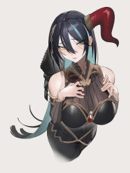 Rule 34 | 1girl, absurdres, bad id, bad pixiv id, black dress, black hair, blue hair, breasts, closed mouth, colored inner hair, commentary request, detached sleeves, dress, eyes visible through hair, gem, hair between eyes, hair ornament, hands on own chest, hands up, highres, horns, izuru (timbermetal), large breasts, long hair, looking at viewer, multicolored hair, princess connect!, ranpha (princess connect!), simple background, single horn, solo, very long hair, yellow eyes