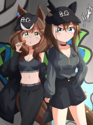 Rule 34 | 2girls, absurdres, alternate costume, animal ears, belt, blue eyes, blush, breasts, brown eyes, brown hair, candy, cheval grand (boc&#039;z) (umamusume), cheval grand (umamusume), cleavage, collarbone, commentary request, food, hair ornament, hairclip, hat, highres, horse ears, horse girl, horse tail, jacket, lollipop, matikane tannhauser (boc&#039;z) (umamusume), matikane tannhauser (umamusume), matty (matsutomo), medium breasts, medium hair, midriff, multiple girls, navel, open mouth, pants, shorts, signature, tail, umamusume, wall