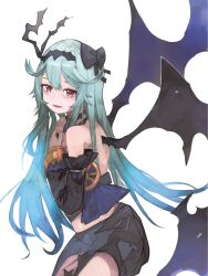 Rule 34 | 1girl, absurdres, bare back, bare shoulders, black sleeves, blue hair, chaos aurora (grimms notes), detached sleeves, fangs, grimms notes, hair ribbon, highres, hiro (user yhpw4853), long hair, midriff, navel, open mouth, red eyes, ribbon, simple background, smile, solo, thorns, wheel, white background