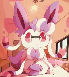 Rule 34 | :&lt;, alternate color, alternate shiny pokemon, bed, bedroom, bow, colored sclera, commentary, creatures (company), crossed arms, door, game freak, gen 6 pokemon, indoors, light bulb, looking at viewer, lying, nintendo, no humans, pen, pokemon, pokemon (creature), purpleninfy, red sclera, ribbon, sylveon, white eyes, window