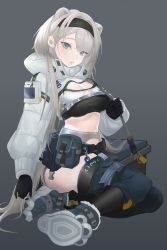 Rule 34 | 14sky, 1girl, absurdres, animal ears, arknights, aurora (arknights), bad id, bad pixiv id, bear ears, belt, black gloves, black hairband, black legwear, black shirt, blue eyes, breasts, cleavage, cleavage cutout, clothing cutout, commentary, crop top, gloves, grey background, hairband, highres, jacket, large breasts, long hair, long sleeves, looking at viewer, midriff, navel, pouch, shirt, shoes, silver hair, simple background, sitting, solo, stomach, thick thighs, thighs, very long hair, white jacket, yokozuwari