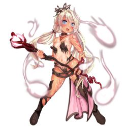 Rule 34 | belt, belt buckle, blue eyes, body markings, bodypaint, boots, breasts, buckle, character sheet, colt revolver (girls&#039; frontline), enarane, facial mark, girls&#039; frontline, heart, heart facial mark, holding, holding staff, jewelry, legs apart, looking at viewer, low twintails, necklace, pointy ears, pubic tattoo, revealing clothes, small breasts, sperm cell, staff, staff (weapon), tan, tanline, tattoo, tentacles, tiara, twintails, variations