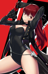 Rule 34 | 1girl, arm behind head, black choker, black jacket, black legwear, black leotard, black ribbon, boots, breasts, chain, choker, cleavage, frilled sleeves, frills, gloves, hair ribbon, half updo, hand up, highres, holding, holding mask, jacket, leotard, long hair, long sleeves, looking at viewer, mask, unworn mask, medium breasts, open clothes, open jacket, persona, persona 5, persona 5 the royal, red background, red eyes, red gloves, red hair, ribbon, sheath, sheathed, smile, solo, standing, standing on one leg, sword, takanashi-a, thighs, weapon, yoshizawa kasumi