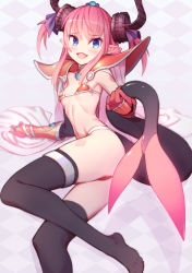 Rule 34 | 1girl, :d, arm support, armor, ass, bikini, bikini armor, black thighhighs, blue eyes, blurry, blush, breasts, cape, choker, depth of field, diamond (shape), dragon girl, dragon tail, elizabeth bathory (brave) (fate), elizabeth bathory (fate), eyebrows, eyelashes, fang, fate/grand order, fate (series), gem, gloves, hair ribbon, halloween, highres, holding own tail, holding tail, jewelry, leg tattoo, long hair, looking at viewer, loose bikini, lying, navel, no shoes, on side, open mouth, orb, oversized clothes, pauldrons, pink hair, pointy ears, purple ribbon, red bikini, red gloves, ribbon, shadow, shoulder armor, small breasts, smile, solo, string bikini, swimsuit, tail, tattoo, thigh strap, thighhighs, tiara, two side up, underboob, vambraces, white cape, yellowpaint.