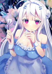 Rule 34 | 1girl, absurdres, apron, azur lane, blue dress, braid, braided bun, breasts, cleavage, collar, colored eyelashes, cygnet (an offer to be maid) (azur lane), cygnet (azur lane), detached collar, double bun, dress, duster, floral background, frilled apron, frills, hair bun, highres, junineu, large breasts, long hair, maid apron, maid headdress, official alternate costume, purple eyes, solo, strapless, strapless dress, very long hair, white apron, white collar, white hair, wrist cuffs