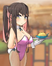 Rule 34 | 1girl, black hair, blue ribbon, blurry, blurry background, bowl, breasts, cleavage, colored inner hair, cowboy shot, detached collar, fishnet pantyhose, fishnets, food, fried rice, gloves, gradient eyes, highres, kantai collection, large breasts, leotard, long hair, macbail, multicolored eyes, multicolored hair, naganami (kancolle), neck ribbon, pantyhose, pink hair, pink leotard, playboy bunny, ponytail, rabbit tail, ribbon, solo, strapless, strapless leotard, tail, thick eyebrows, two-tone hair, white gloves, wrist cuffs