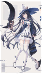 Rule 34 | 1girl, absurdres, amane utata, ankle boots, barcode, bare shoulders, black hair, blue bow, blush, boots, bow, braid, detached sleeves, dress, full body, garter straps, grey background, hat, hat bow, highres, holding, holding scythe, holding weapon, layered dress, long hair, long sleeves, looking at viewer, original, parted lips, scythe, side braid, simple background, solo, standing, thighhighs, very long hair, weapon, white dress, white footwear, white hat, white thighhighs, witch hat, yellow eyes, zettai ryouiki