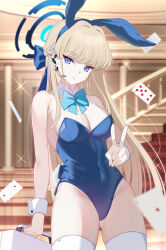 Rule 34 | 1girl, absurdres, animal ears, bare shoulders, blonde hair, blue archive, blue bow, blue eyes, blue hairband, blue leotard, bow, bowtie, braid, breasts, briefcase, cleavage, closed mouth, covered navel, cowboy shot, detached collar, earpiece, expressionless, fake animal ears, floating card, hairband, halo, highleg, highleg leotard, highres, holding, holding briefcase, indoors, leotard, long hair, medium breasts, microphone, mishiro (ixtlolton), official alternate costume, official alternate hairstyle, playboy bunny, rabbit ears, rabbit tail, solo, sparkle, stairs, tail, thighhighs, thighs, toki (blue archive), toki (bunny) (blue archive), v, very long hair, white thighhighs, wrist cuffs
