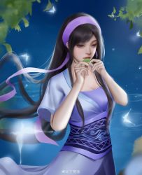 Rule 34 | 1girl, absurdres, black hair, bug, butterfly, chinese clothes, ding ju biao, duanmu rong (qin shi ming yue), glowing butterfly, hairband, highres, insect, leaf, long hair, looking down, qinshi mingyue, ripples, sash, short sleeves, solo, upper body, water