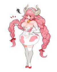 Rule 34 | 1girl, absurdres, animal ears, animal print, bare shoulders, blush, breasts, cleavage, collar, cow ears, cow girl, cow horns, cow print, cowbell, dress, elbow gloves, emma, eyelashes, flower, globe, gloves, hair flower, hair ornament, hair ribbon, highres, holding, holding hair, horns, kkaebing, large breasts, long hair, looking at viewer, original, pink hair, red eyes, red ribbon, ribbon, shoes, socks, solo, standing, strapless, thighhighs, twintails, very long hair, white background, white gloves, zettai ryouiki
