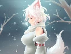 Rule 34 | 1girl, animal ears, bare shoulders, blush, breasts, breath, detached sleeves, from side, highres, impossible clothes, inubashiri momiji, large breasts, long sleeves, pom pom (clothes), profile, red eyes, shirt, short hair, sleeveless, sleeveless shirt, snowing, solo, tail, tochinoko, touhou, upper body, white background, white shirt, wolf ears, wolf tail