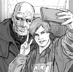 Rule 34 | 2boys, ;), bald, capcom, cellphone, coat, duster coat, greyscale, highres, leon s. kennedy, looking at viewer, monochrome, monster, mr. x (metal gear), multiple boys, one eye closed, phone, police, police uniform, resident evil, resident evil 2, resident evil 2 (remake), selfie, smartphone, smile, taking picture, trench coat, tyrant, uniform, v