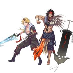 Rule 34 | 2boys, abs, bandaged arm, bandages, bandana, barefoot, black footwear, black gloves, black hair, black pants, blonde hair, boots, chest tattoo, commentary request, crazy02oekaki, facial hair, father and son, final fantasy, final fantasy x, full body, gloves, goatee, highres, holding, holding sword, holding weapon, jecht, male focus, mature male, medium hair, multiple boys, muscular, muscular male, pants, parted bangs, red bandana, scar, scar on face, short hair, sign, single bare shoulder, stretching, sword, tan, tattoo, teeth, tidus, weapon, white background
