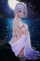 Rule 34 | 1girl, armband, ass, back, bad id, bad pixiv id, blue eyes, breasts, covering privates, covering breasts, from side, gradient background, heterochromia, highres, iri flina, juri (jr20504), lips, looking at viewer, looking back, moon, night, night sky, nude, ocean, original, outdoors, red eyes, short hair, silver hair, sky, smile, solo, sword girls, wading, water, wet