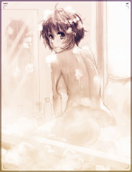 Rule 34 | 10s, 1girl, absurdres, ahoge, ass, back, bath, bath stool, bathing, bathroom, bathtub, border, bottle, breasts, brown eyes, brown hair, bubble, censored, chuunibyou demo koi ga shitai!, completely nude, convenient censoring, cowboy shot, faucet, foam, from side, highres, indoors, large breasts, light smile, looking at viewer, looking back, mirror, nude, parted bangs, pov, recording, reflection, short hair, shuizhanglang, sitting, sketch, smile, soap, soap bubbles, solo, steam, steam censor, stool, tsuyuri kumin, viewfinder, water, wet