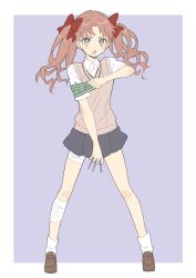 Rule 34 | 1girl, absurdres, ankle socks, armband, bandaged arm, bandages, between fingers, black skirt, border, bow, brown eyes, brown footwear, brown hair, brown vest, collared shirt, donguri suzume, full body, green armband, hair bow, highres, holding, legs apart, looking at viewer, miniskirt, open mouth, pleated skirt, purple background, red bow, shirai kuroko, shirt, shoes, simple background, skirt, socks, solo, standing, thighs, toaru majutsu no index, twintails, vest, white border, white shirt, white socks, wing collar