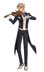 Rule 34 | 1boy, absurdres, artist request, bad source, black jacket, black pants, black survival, bow (music), brown hair, closed mouth, flower, formal, glasses, gloves, grey footwear, hand up, highres, holding instrument, holding violin, instrument, jacket, male focus, music, official alternate costume, official art, pants, playing instrument, red eyes, shoes, shoichi (black survival), short hair, simple background, solo, standing, suit, transparent background, violin, waistcoat, white gloves
