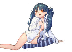 Rule 34 | 1girl, aqua hair, arm support, bad id, bad pixiv id, blush, breasts, covering privates, large breasts, long hair, mabera, naked shirt, orange eyes, original, shirt, single thighhigh, sitting, solo, striped clothes, striped thighhighs, sweatdrop, thighhighs, twintails, white background, yokozuwari