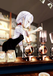 Rule 34 | 1girl, absurdres, alternate costume, apron, arm support, bag, barista, boiling, bow, braid, cafe, coffee, coffee cup, coffee pot, commentary, counter, cup, day, disposable cup, eyelashes, foam art, french braid, from side, galo (warship girls r), hair bow, hair over shoulder, highres, indoors, latte art, leaning forward, long hair, n.s.egg, parted lips, red bow, red eyes, shelf, shirt, sidelocks, sleeves pushed up, solo, stirring, stirring rod, track lighting, vittorio veneto (warship girls r), warship girls r, white hair, white shirt